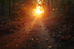 Una imagen real que ilustre el sendero de la Vida_ Un sendero de tierra o un camino de bosque que se pierde de vista, iluminado por la luz tenue del atardecer o de unas farolas. Transmite _el viaje_.(1)