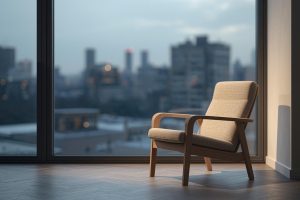 Una imagen con una silla sencilla. Ventanal con ciudad o paisaje desenfocado. Luz natural suave.(4)
